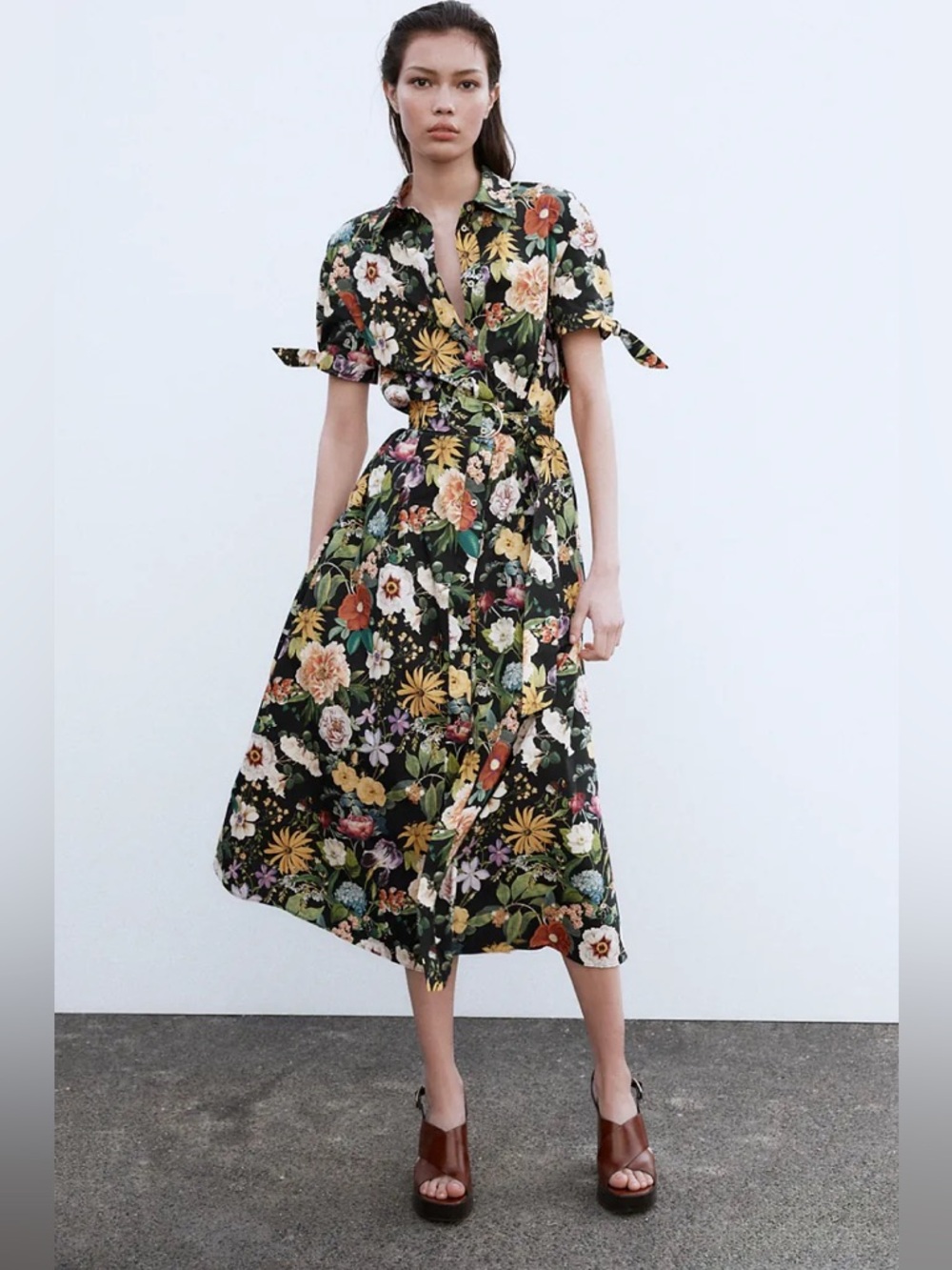Zara Floral Cotton Button-Front Midi Dress in Black